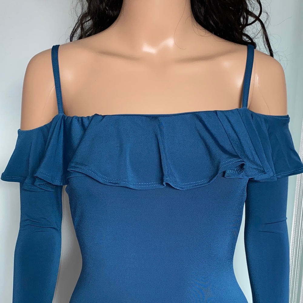 Teal Off-Shoulder Ruffle Midi Dress